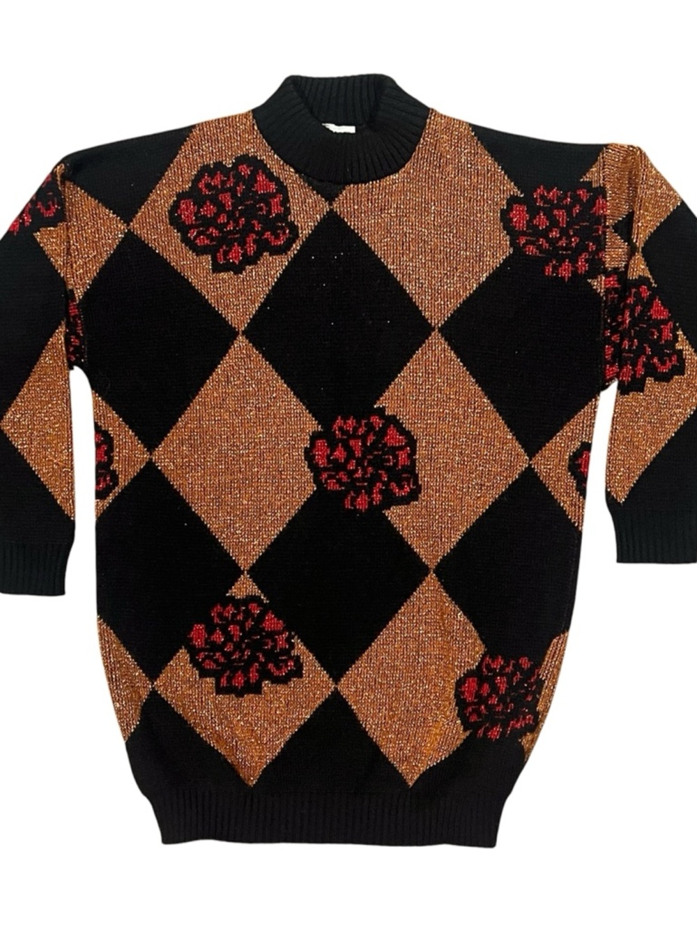 Vintage Dana Scott Metallic Acrylland Lurex Knit Sweater with Red Floral Accents